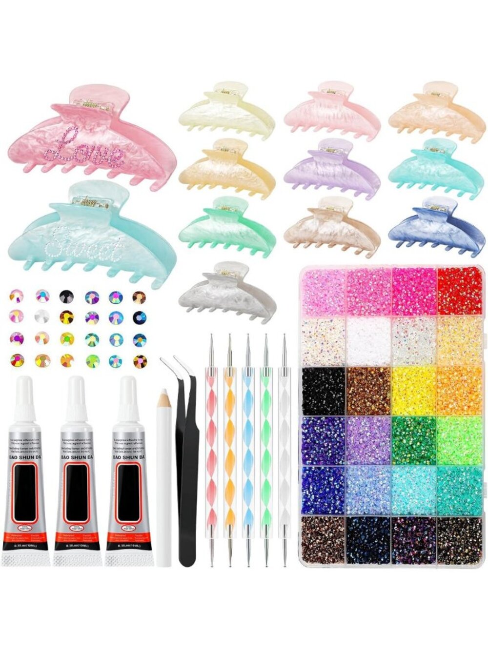 12 Pcs DIY Claw Clip Kit - 24000 Rhinestones & Adhesive for Custom Hair